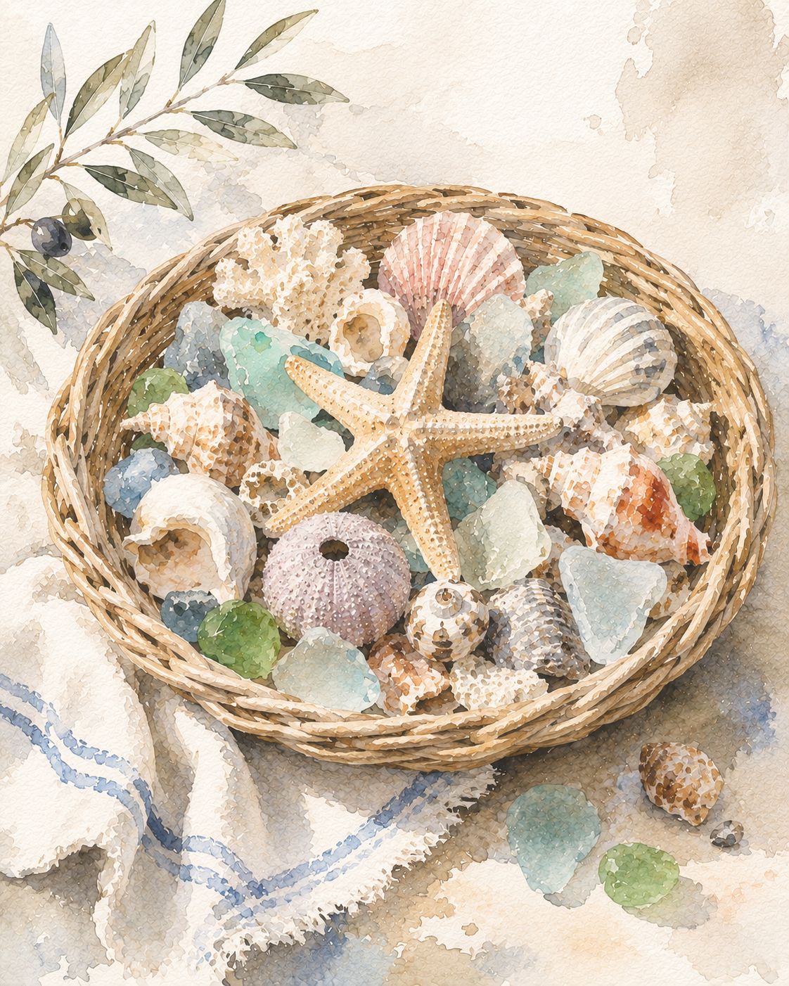 Sea-shell Basket Watercolor Print